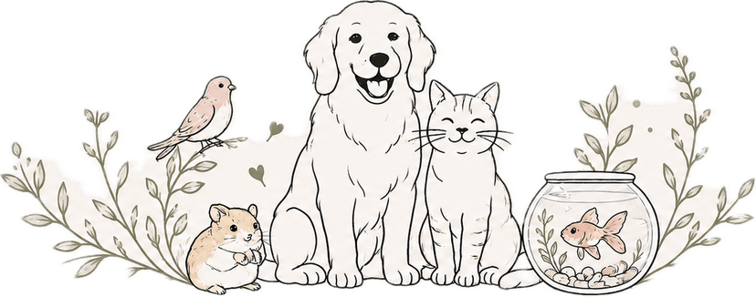 Whiskers & Wags logo — hand-drawn dog and cat with botanical sprigs