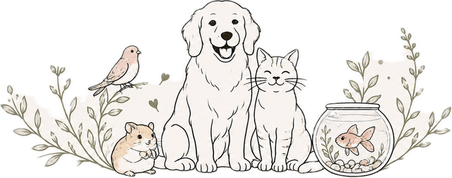 Whiskers & Wags — hand-drawn dog and cat with botanical sprigs and a heart